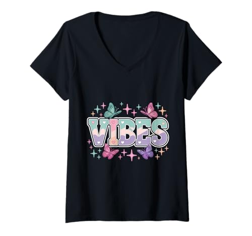 Damen Bunte Schmetterlinge Pastell Vibes Textkunst T-Shirt mit V-Ausschnitt Damen Bunte Schmetterlinge Pastell Vibes Textkunst T-Shirt mit V-Ausschnitt von Vibrant Pastel Butterfly Aesthetic Vibes