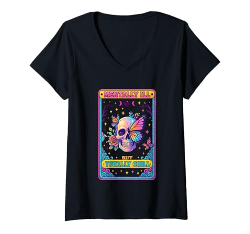 Damen Psychisch krank, Aber total cool Skull Butterfly T-Shirt mit V-Ausschnitt von Vibrant Skull Butterfly Moon Art Vibes