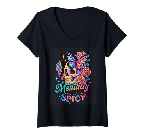 Damen Geistig würzige Totenkopf-Schmetterlings- T-Shirt mit V-Ausschnitt von Vibrant Skull Butterfly Rose Fusion