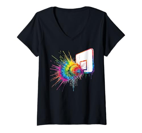 Damen Bunte Batik-Basketballkorb, Farbspritzer, Sportkunst T-Shirt mit V-Ausschnitt von Vibrant Sports Art Co.