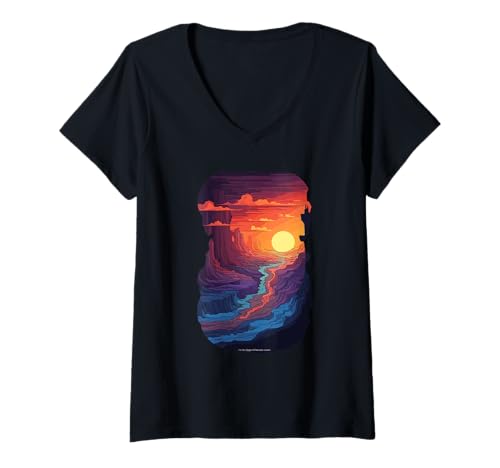 Damen Grand Canyon-Abenteuer bei Sonnenuntergang mit Fluss T-Shirt mit V-Ausschnitt Damen Grand Canyon-Abenteuer bei Sonnenuntergang mit Fluss T-Shirt mit V-Ausschnitt von Vibrant Sunset Canyon Sunset Art