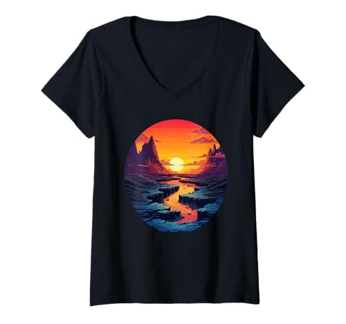 Damen Lebendiger Sonnenuntergang über majestätischen Bergen T-Shirt mit V-Ausschnitt von Vibrant Sunset Mountain River Serenity Horizon