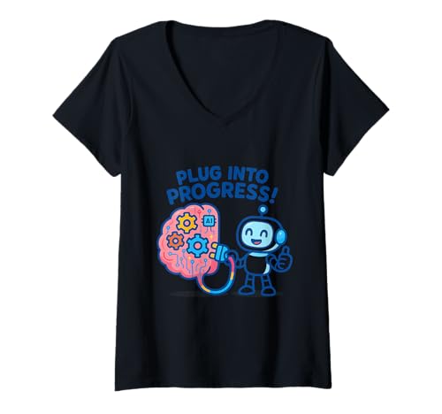 Damen Spielerischer KI-Humor mit freundlichem Roboter, Brain Gears T-Shirt mit V-Ausschnitt Damen Spielerischer KI-Humor mit freundlichem Roboter, Brain Gears T-Shirt mit V-Ausschnitt von Vibrant Tech Growth Graphic with Robot and Brain