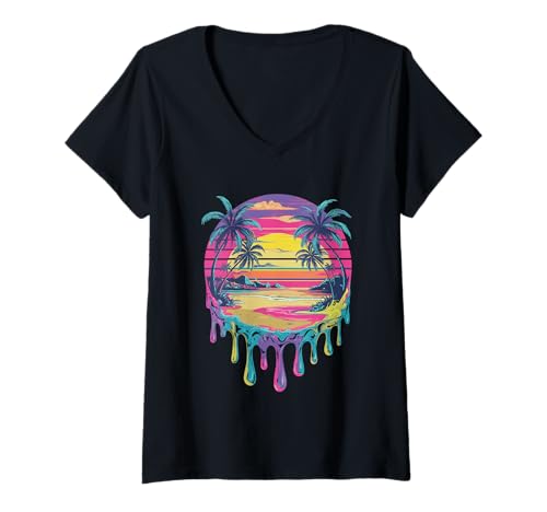 Damen Farbenfroher tropfender Sonnenuntergang T-Shirt mit V-Ausschnitt Damen Farbenfroher tropfender Sonnenuntergang T-Shirt mit V-Ausschnitt von Vibrant Tropical Sunset Beach Vibes