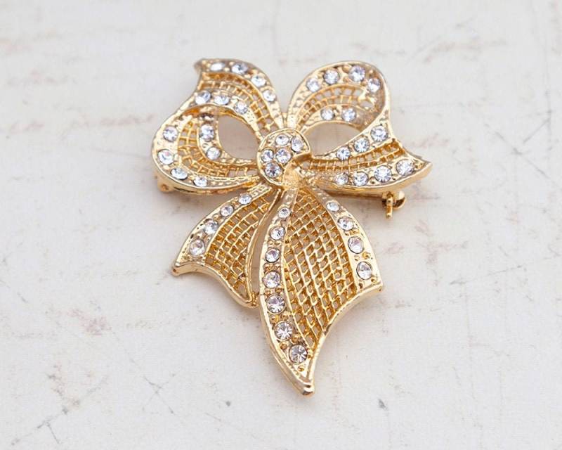 Vintage Große Schleife Brosche | Goldene Legierung Mit Klaren Strass Kristallen Mint Zustand Pin Retro Kostüm Schmuck von VicAustenStudio