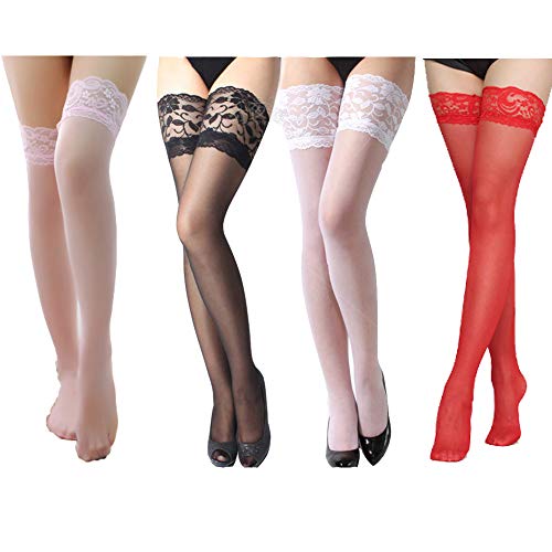 4er Pack Sexy Elastische Selbstklebende Spitzenstrumpfbänder & Strümpfe für Frauen, Geheimnisvolle Strumpfbänder Vintage und Rutschfeste Oberschenkel Hohe Socken（Schwarz, Weiß, Rot, Rosa） von VicSec