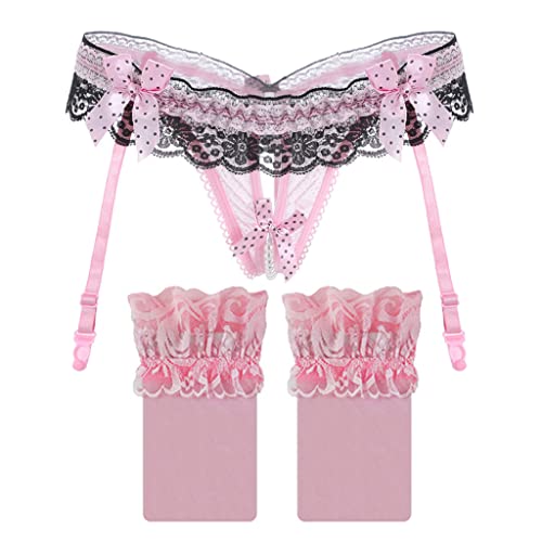 Sexy erotische Dessous-Set für Damen, mit Blumenmuster, hohe elastische Strumpfhose, offener Tanga, Unterwäsche, Hosenbein, verstellbar, Einheitsgröße, 3 Stück, Rosa, One size von VicSec