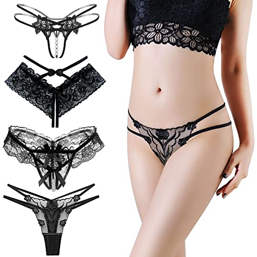 VicSec Damen 4 Packs String Tanga Ouvert Slip Sexy Unterwäsche Unterhosen Dessous Offener Schritt Wetlook Spitze Reizvoller Niedrige Taille G-String, Schwarz-4pcs, 4 Stils von VicSec