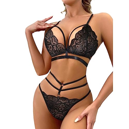 VicSec Damen Dessous Set 2-Teil Bügel-BH + String Tanga Spitzen Reizwäsche Set Erotisch BH und Höschens Set Halfter Unterwäsche Set Frauen v-Ausschnitt Dessous Push up Set S-XL von VicSec