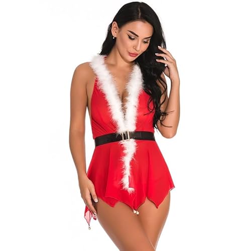 VicSec Damen Dessous Sexy Weihnachten Unterwäsche Strapse Reizwäsche Kostüm Xmas Nachtwäsche Spitze Bowknot Lingerie Set Durchsichtige Babydoll Negligee Teddy Polka Dot Weihnachtskostüm 2TLG von VicSec