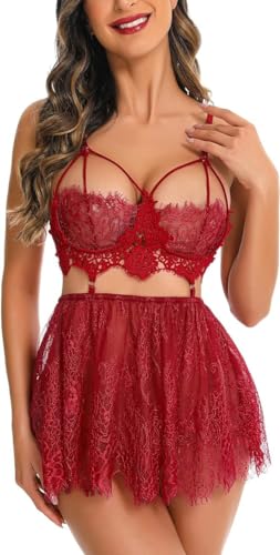 VicSec Damen Sexy Elegant Reizwäsche Dessous Spitze Babydoll Nachtwäsche Dessous Frauen Negligee Sleepwear V-Ausschnitt Nachtkleid Lingerie Unterwäsche Dessous BH mit G-String Spitzendetail (S-XL) von VicSec