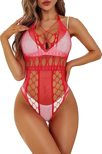 VicSec Damen Sexy Mesh Dessous Set Fischnetz Babydoll Mini Kleid Free Size Bodysuit Nachtwäsche Unterwäsche Sexy Perspektiv Erotische Dessous Lingerie Erotik Reizwäsche von VicSec