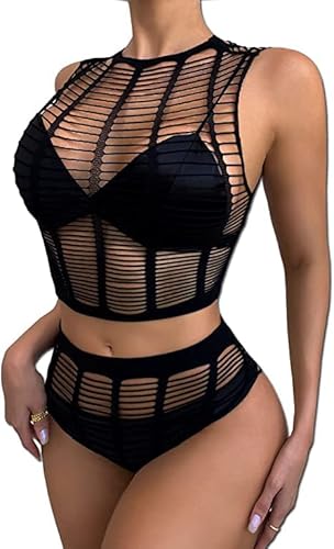 VicSec Damen Sexy Mesh Dessous Set Fischnetz Babydoll Mini Kleid Free Size Bodysuit Nachtwäsche Unterwäsche Sexy Perspektiv Erotische Dessous Lingerie Erotik Reizwäsche von VicSec