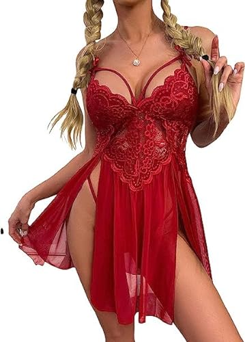 VicSec Damen Sexy Transparentes Nachthemd Mesh Dessous Babydoll Spitze Open Front Negligee Durchsichtig Nachtwäsche V-Ausschnitt Lingerie Reizwäsche Kleid Unterwäsche mit Spaghettiträgern von VicSec