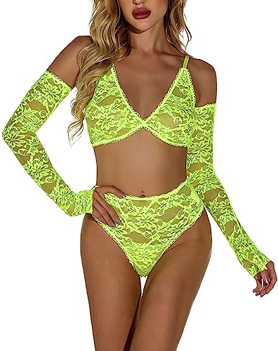 VicSec Dessous Damen-Dessous-Set mit Strass-Mesh Frauen Reizwäsche Spitze 3-Teil Riemen, durchsichtiges BH-Oberteil, Höschenhandschuhe, Netz-Bikini, Rave-Tanz-Outfits Sexy Dessous-Set S-3XL von VicSec