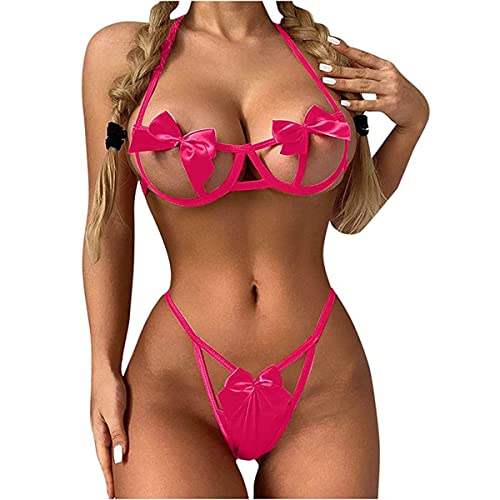 VicSec Damen Sexy Dessous-Set, 2-Teil BH & String Tanga, Spitze Push-UpTräger BH und Höschen-Set Unterwäsche, Florale Spitze Nachtwäsche Babydoll von VicSec