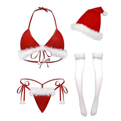 VicSec Dessous Damen Sexy Unterwäsche Weihnachten BH G-String Set Reizwäsche Kostüm Xmas Nachtwäsche Wildleder Süße Lingerie Set Weihnachtskostüm Babydoll Negligee 4 TLG(BH+G-String+Hut+Strümpfe) von VicSec