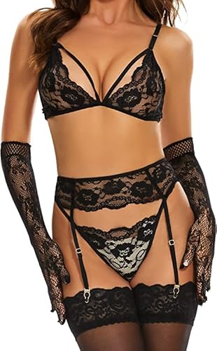 VicSec Strapsen Dessous Set 5-TLG, Erotik Spitze Reizwäsche Reizvolle Lingerie Teddy Babydoll Hot Lingerie Spitzen Push up BH+Panty+Strumpfhalter+Strümpfe+Handschuhe für Damen S-XL von VicSec