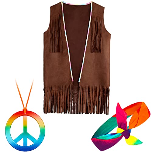 Vicenpal Halloween Herren Hippie Kostüm Weste Set, Enthält Fransen Weste Peace Zeichen Halskette und Tie Dye Stirnband Halloween Kostüm Zubehör für 60er 70er Jahre Retro Party, Einheitsgröße von Vicenpal