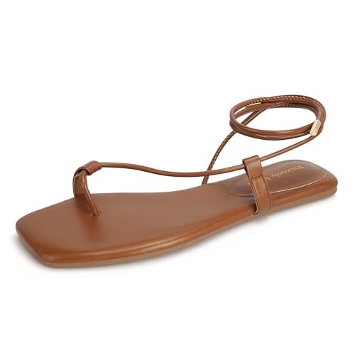 Viciously Vixen Damen Schnürsandalen Riemchen Flats Gladiator Wrap Flip Flop Tie Open Ring Toe Sommerschuhe, Braun, 42 EU von Viciously Vixen