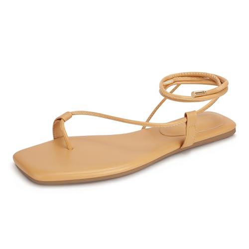 Viciously Vixen Damen Schnürsandalen Riemchen Flats Gladiator Wrap Flip Flop Tie Open Ring Toe Sommerschuhe, Hautfarben, 41 EU von Viciously Vixen