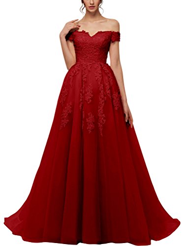 Vickyben Damen Prinzessin A-Linie Ab Schulter Spitzen Tuell Abendkleider Ballkleid Brautkleid lang von Vickyben