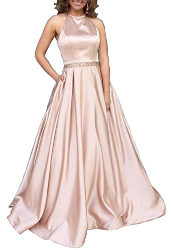 Vickyben Damen langes A-Linie Halter Satin Perlen Abendkleider Brautjugnfernkleid Party Kleid Ballkleid 2018 von Vickyben