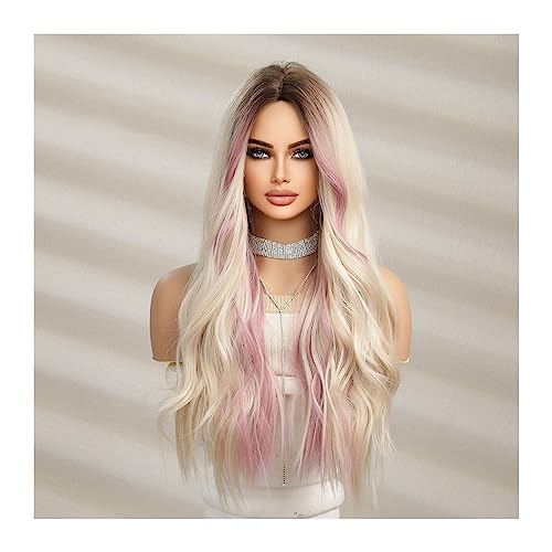 Natürlich aussehend Blonde synthetische braune gemischte rosa blonde lange gewellte Perücken mit Pony Cosplay Party UseHitzebeständige Faser for Frauen,Makelloser Stil von Vickyliou