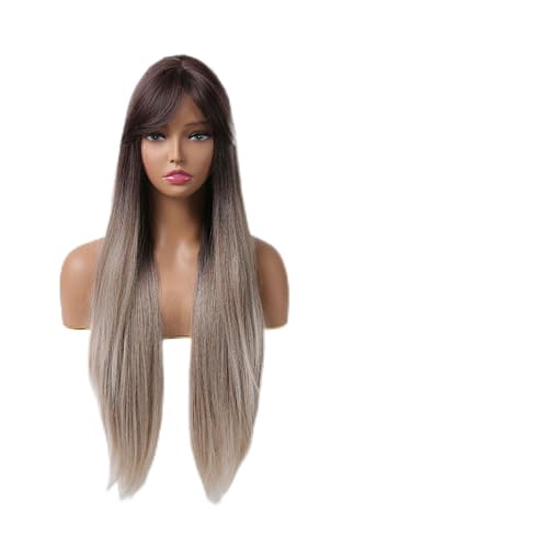 Natürlich aussehend Lange synthetische Ombre-Braun-Grau-Perücke mit Pony, gerade Cosplay-natürliche Perücken for schwarze Frauen, hitzebeständiges Kunsthaar,Makelloser Stil von Vickyliou