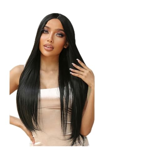 Natürlich aussehend Synthetische lange gerade natürliche schwarze Mittelteil-Perücken for weiße Frauen Afro tägliches Cosplay-Party-Haar hitzebeständige Faser,Makelloser Stil von Vickyliou