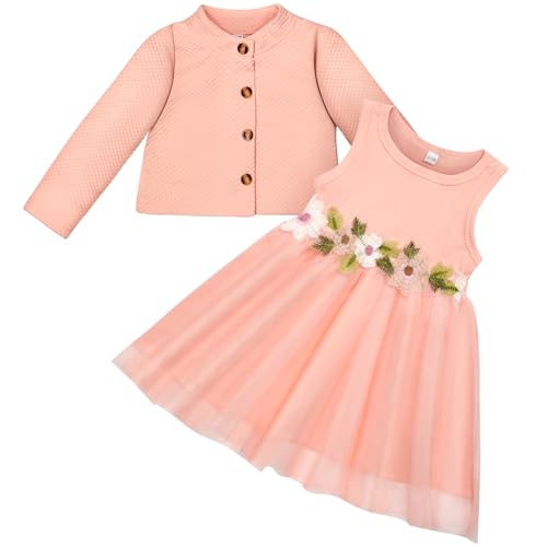 Vicloon Baby Mädchen Kleid mit Strickjacke Set, Baumwollkleid, Kleinkind Ärmellose Blumen Tüll Tutu Kleider und Langarm Waffel, 2 Stück ärmellosem Tüllkleid Outfit Set für Mädchen 18-24 Monate, Rosa von Vicloon