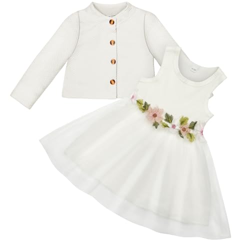 Vicloon Baby Mädchen Kleid mit Strickjacke Set, Baumwollkleid, Kleinkind Ärmellose Blumen Tüll Tutu Kleider und Langarm Waffel, 2 Stück ärmellosem Tüllkleid Outfit Set für Mädchen 6-9 Monate, Weiß von Vicloon