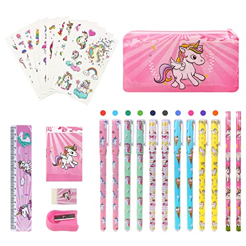Vicloon Einhorn Schreibwaren Geschenk Set, 27 Stück Einhorn Stifte Set, Einhorn Geschenk, Einhorn Federmäppchen Con Tattoo-Aufkleber Gel Stift Bleistift Schreibwarenpaket Notizbuch Mädchen Geschenk von Vicloon