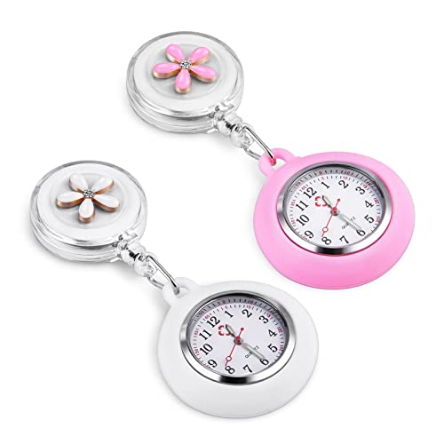 Vicloon Krankenschwester Armbanduhr Einziehbare, 2 Pcs Schwesternuhr mit Glow Pointer und Clip, FOB-Uhr Quarzwerk, Silikonband, Ansteckuhr Fob für Krankenschwestern und Ärzte (Weiß + Pink) von Vicloon