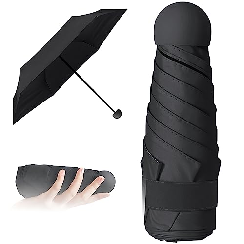 Vicloon Mini Regenschirm, UV Taschenschirme Mit 5 Rippen, 210T Stoff & Aluminium Schirmständer, Sonnenschutz Regenschirm Im Freien, Goldener Griff, Leicht Kompakt - Schwarz von Vicloon