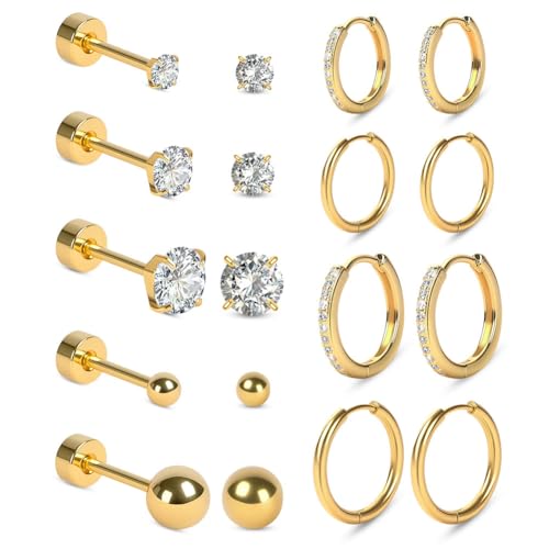 Vicloon 9 Paar Ohrring Set, Edelstahl Ohrstecker-Set Chirurgenstahl Klein Creolen Ohrringe Hypoallergene Knorpel Huggie Hoop Ohrringe Mehrfach-Piercing für Frauen (Gold) von Vicloon