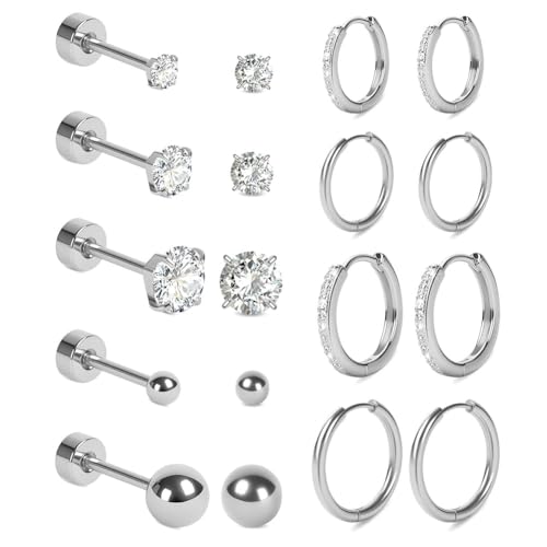 Vicloon 9 Paar Ohrring Set, Edelstahl Ohrstecker-Set Chirurgenstahl Klein Creolen Ohrringe Hypoallergene Knorpel Huggie Hoop Ohrringe Mehrfach-Piercing für Frauen (Silber) von Vicloon