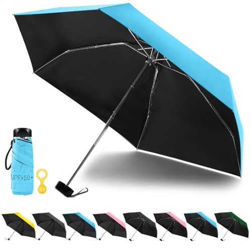 Vicloon Mini Regenschirm, Taschenschirme mit Regenschirmhaken, 6 Rippen, Aluminium Schirmständer, Sonnenschutz Im Freien UV Faltender Regenschirm, Goldener Griff, Leicht Kompakt - Blau von Vicloon