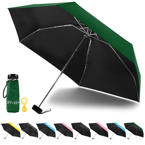 Vicloon Mini Regenschirm, 6 Rippen, Aluminium Schirmständer, Taschenschirme mit Regenschirmhaken, Sonnenschutz Im Freien UV Faltender Regenschirm, Goldener Griff, Leicht Kompakt - Grün von Vicloon