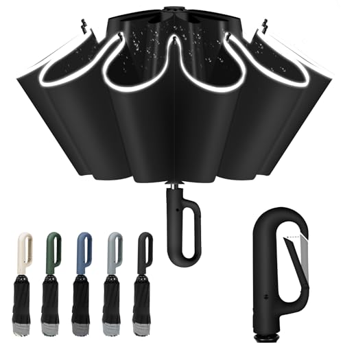 Vicloon Reise Regenschirm Sturmfest, Automatik Groß Taschenschirm mit 10 Rippen, 106cm Windsicher Schirm, Faltet Sich Nach Innen, Karabinergriff, UPF50+, Schirm Tragbarer für Herren und Damen, Schwarz von Vicloon