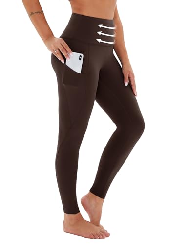 Viconow Kompressions-Leggings für Damen mit Taschen, Bauchkontrolle, hohe Taille, Übergröße, Shapewear, Yogahose (Größe S-3XL) Braun, Braun, M von Viconow