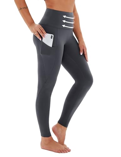 Viconow Kompressions-Leggings für Damen mit Taschen, Bauchkontrolle, hohe Taille, Übergröße, Shapewear, Yogahose (S-3XL), grau dunkel, XX-Large von Viconow