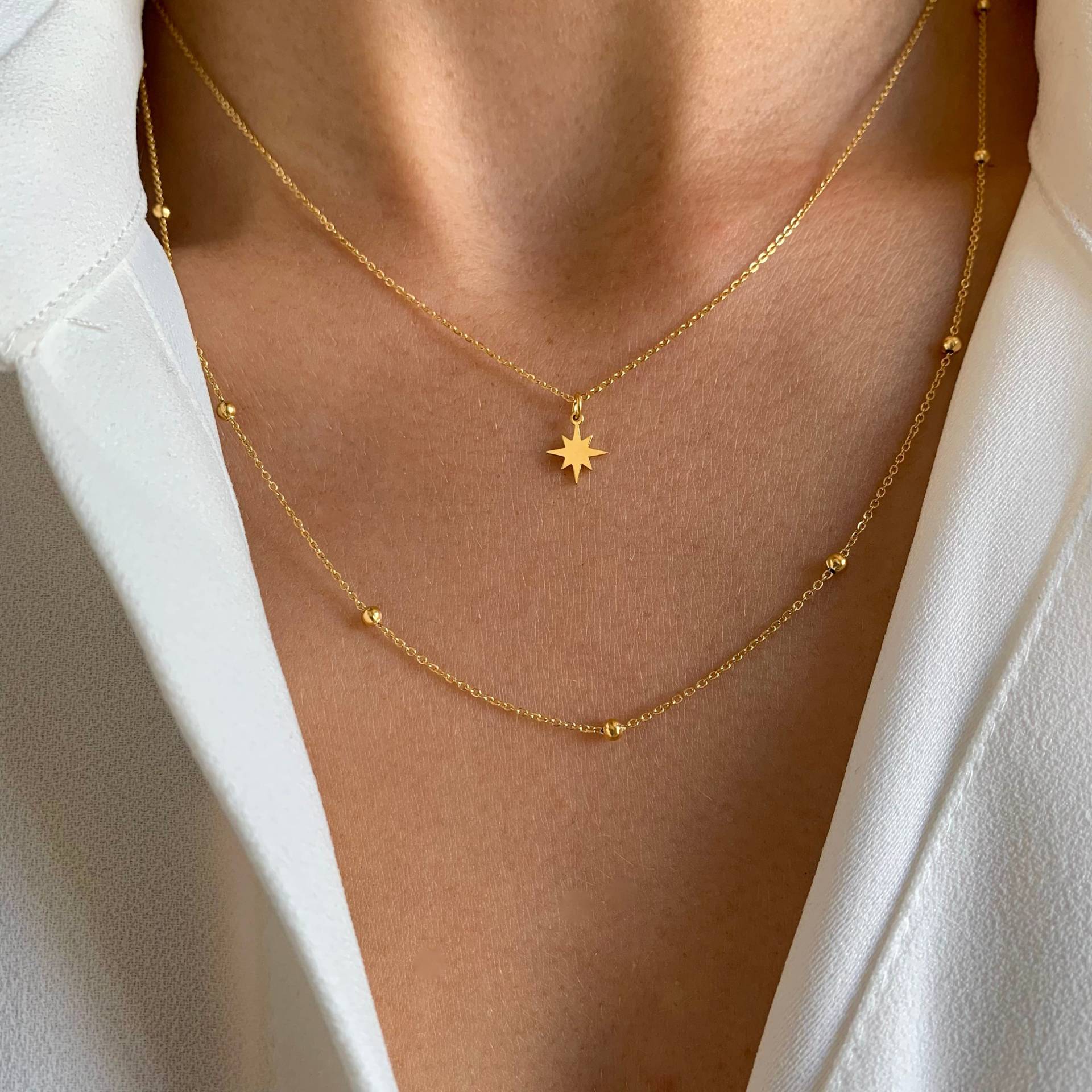 Edelstahlkette Mit Sternanhänger Und Kugelkette/Feine Doppelkette Für Damen Edelstahlkette Mit Sternanhänger Und Kugelkette/Feine Doppelkette Für Damen von VictoireCollection