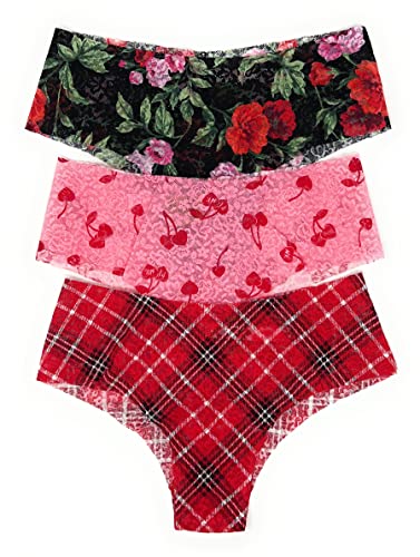 Victoria's Secret Pink Cheekster Panty 3er Set, No Show Spitze Schwarz Floral Pink Cherries Rot Plaid, M von Victoria's Secret