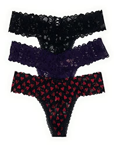 Victoria's Secret The Lacie Tanga Panty 3er Set, Schwarzes Kreuz / dunkles Pflaumen-Kreuz / schwarze Herzen, L von Victoria's Secret