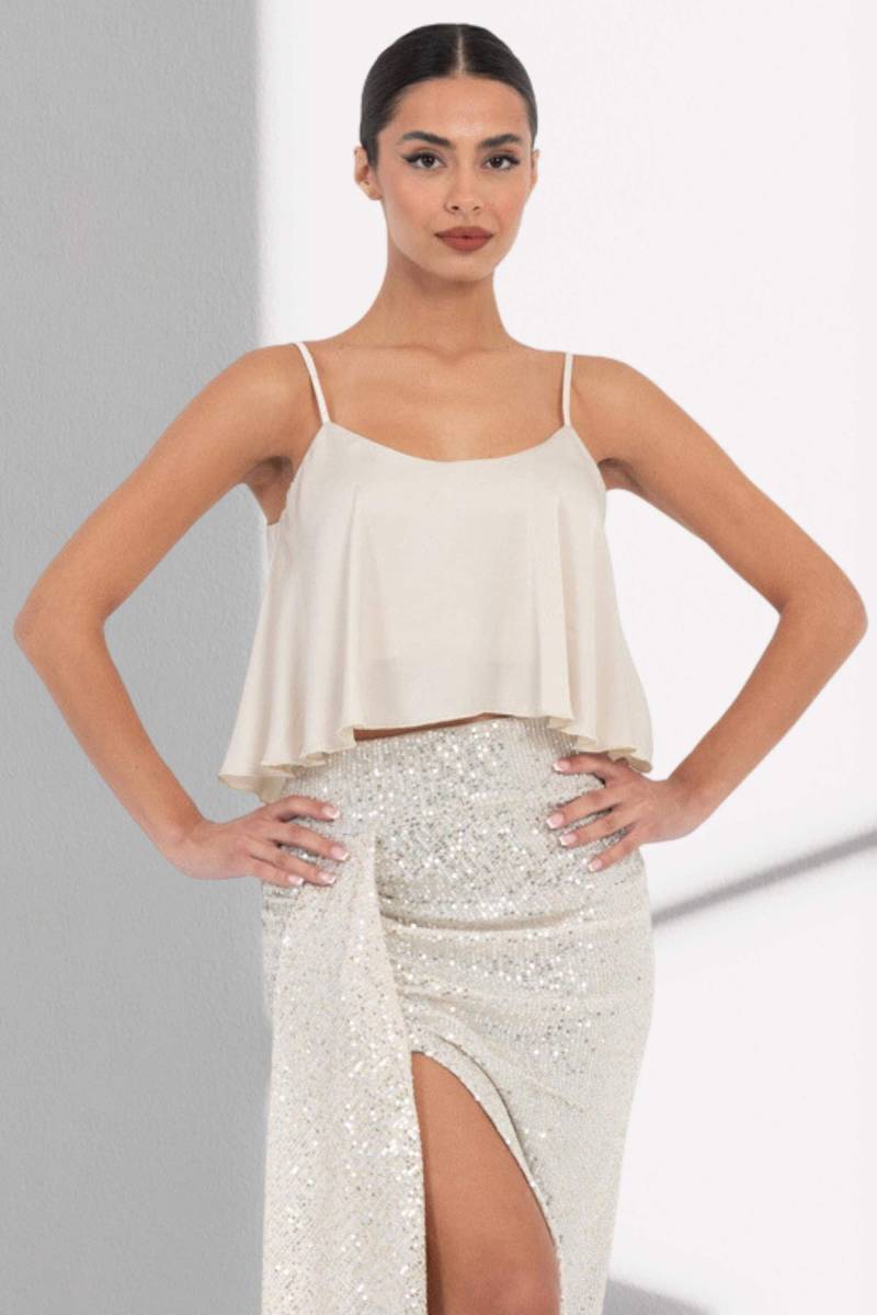 Crop Top Mit Rüschen Aus Satin, Locker Geschnittenes Rundhalsausschnitt, Cocktail-Party-Crop-Top Spaghetti-Trägern, Elegantes, Luftig Crop-Top von VictoriaHaitoglou