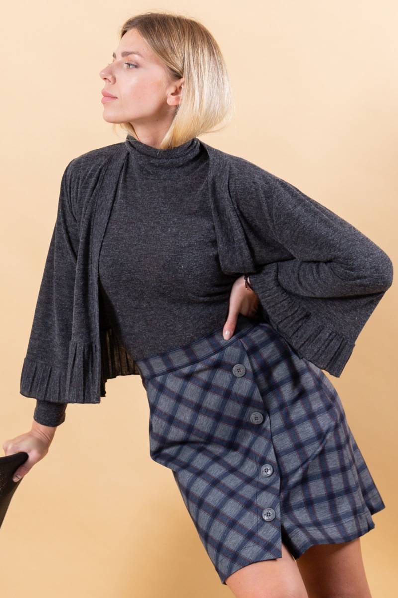 Cropped Cardigan Mit Weiten Ärmeln, Graue Herbst Strickjacke, Lässige Büro 3/4 Ärmel Kurze Strickjacke Rüschen von VictoriaHaitoglou