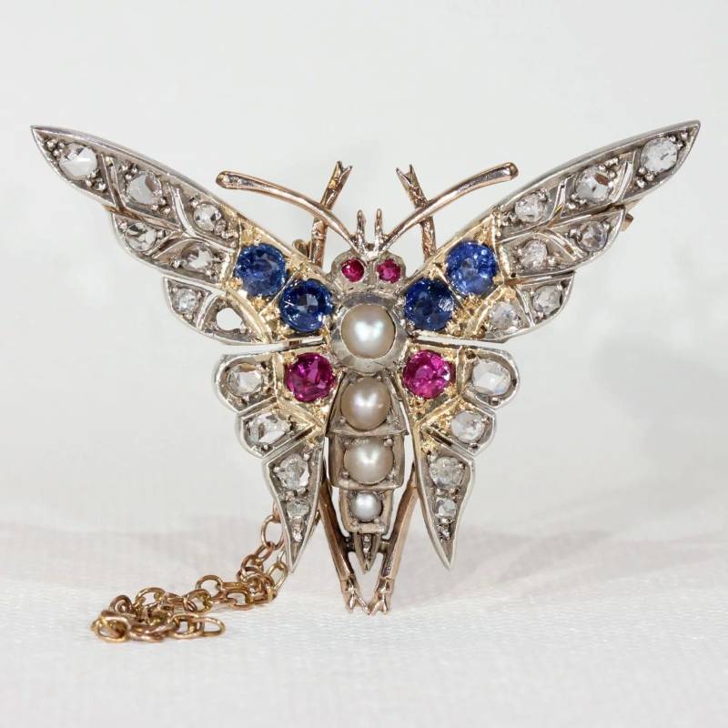 Art Deco Rubin Diamant Saphir Perle Brosche Schmetterling Pin von VictoriaSterling