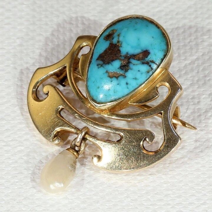 Murrle Bennet & Co. Jugendstil Türkis Brosche Gold Anstecknadel Perle Tropfen von VictoriaSterling