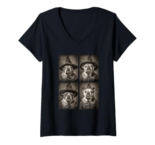 Damen Vintage Hexe Bulldoggen Lustige Halloween Tiere Hunde Hexen T-Shirt mit V-Ausschnitt von Victorian Gothic Halloween Animals Witches